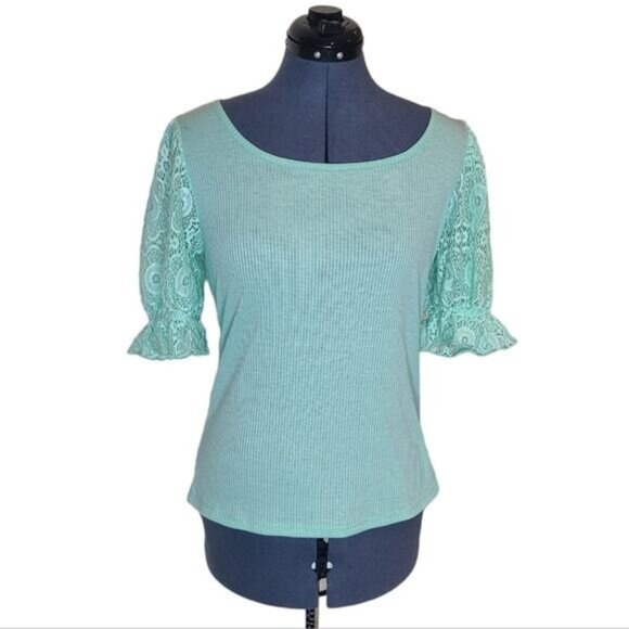 Kim and Cami teal blue ribbed bodice lace sleeve blouse medium NWOT - Picture 1 of 9